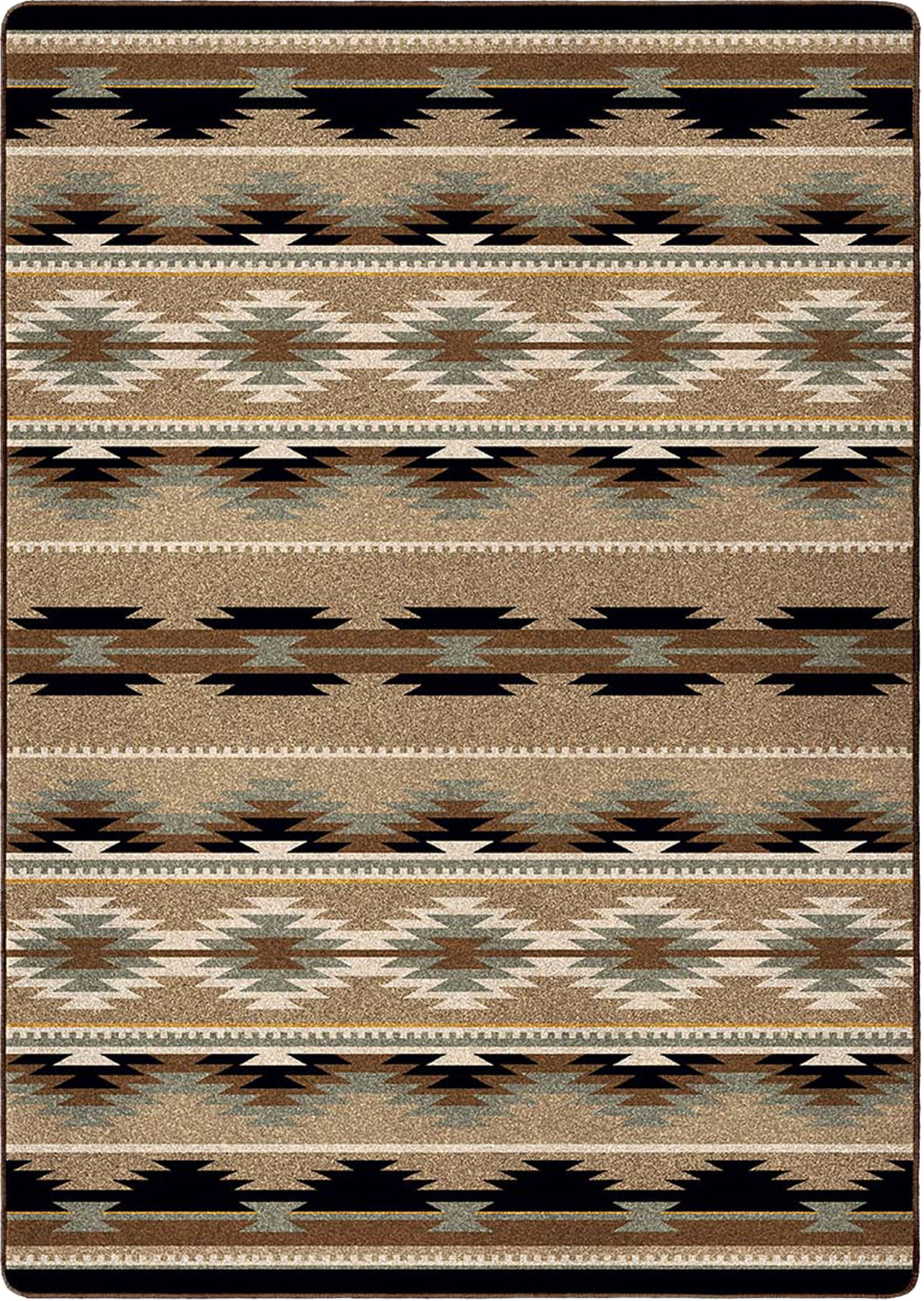 A rectangular area rug with a Southwestern geometric pattern in shades of brown, beige, black, and gray, shown flat against a white background.