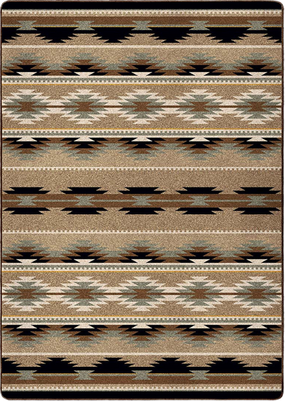 A rectangular area rug with a Southwestern geometric pattern in shades of brown, beige, black, and gray, shown flat against a white background.