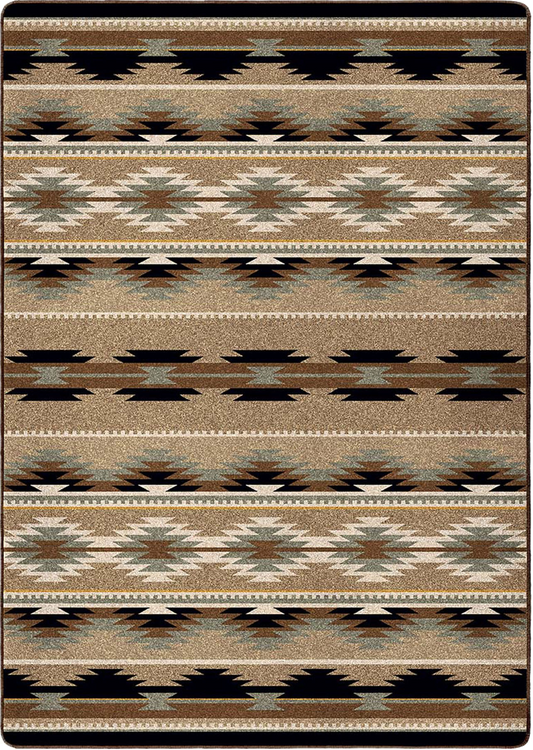 A rectangular area rug with a Southwestern geometric pattern in shades of brown, beige, black, and gray, shown flat against a white background.