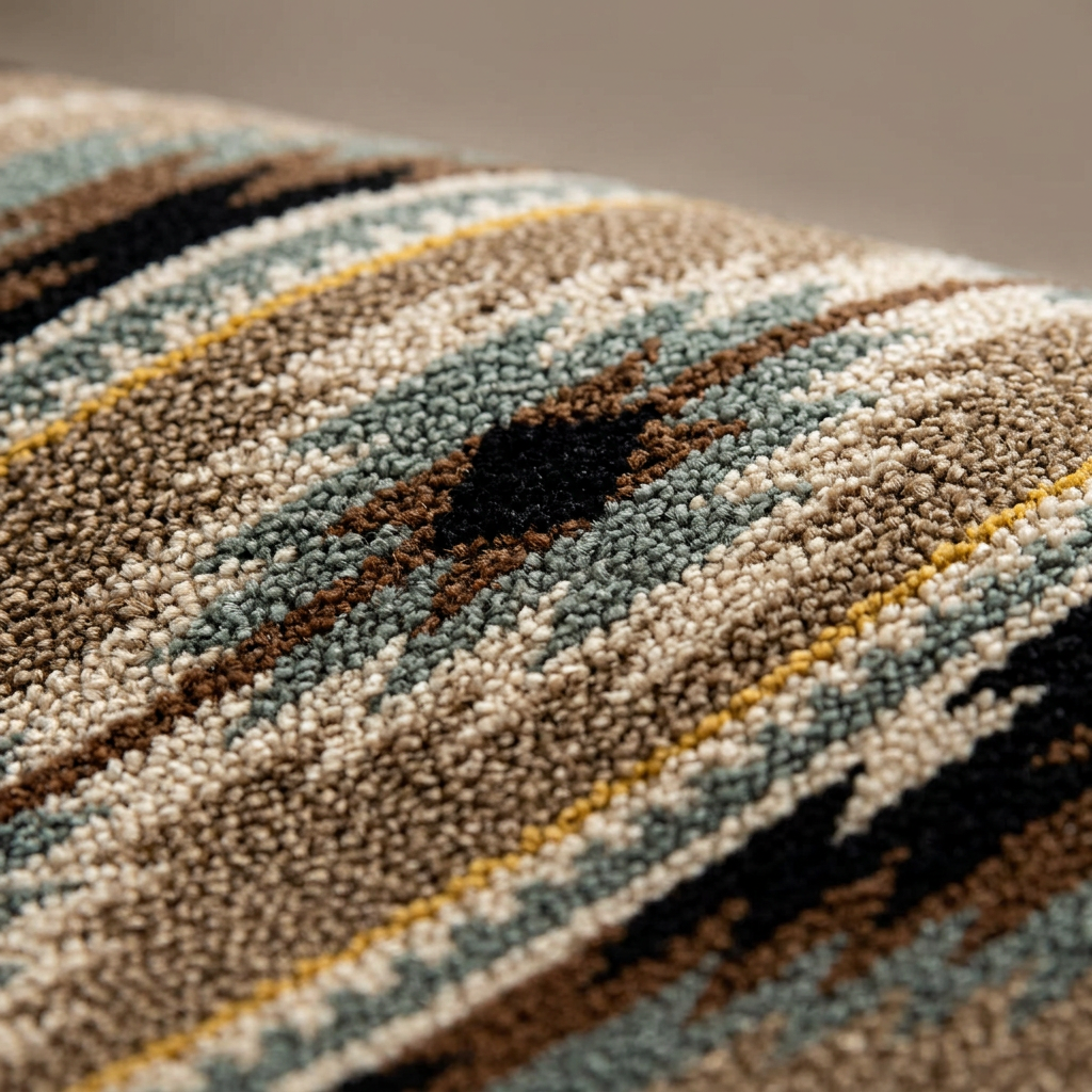 Field Notes area rug: close-up of a ttextured woven rug with a Southwestern geometric pattern in beige, brown, muted blue-green, black, and yellow.