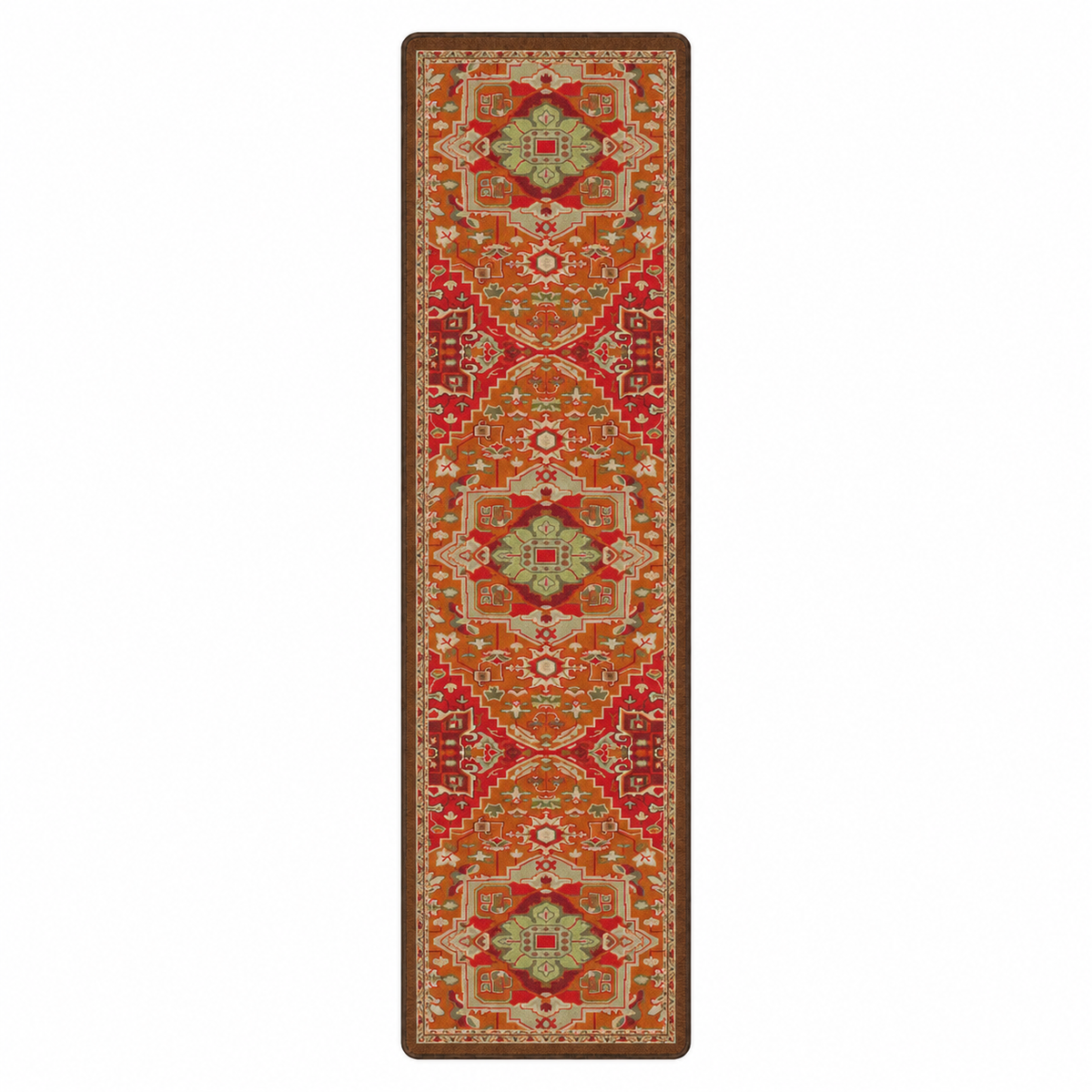 Firelight area rug: a long rectangular area rug with an intricate traditional geometric pattern in warm tones of rust red, orange, brown, beige, and light green, shown flat against a solid white background.