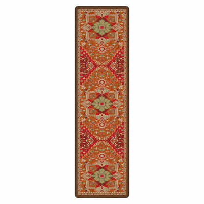 Firelight area rug: a long rectangular area rug with an intricate traditional geometric pattern in warm tones of rust red, orange, brown, beige, and light green, shown flat against a solid white background.
