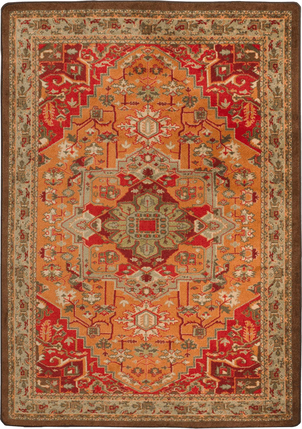 A traditional oriental-style area rug with an intricate geometric and floral pattern in warm orange, red, beige, and brown tones.