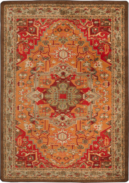 A traditional oriental-style area rug with an intricate geometric and floral pattern in warm orange, red, beige, and brown tones.