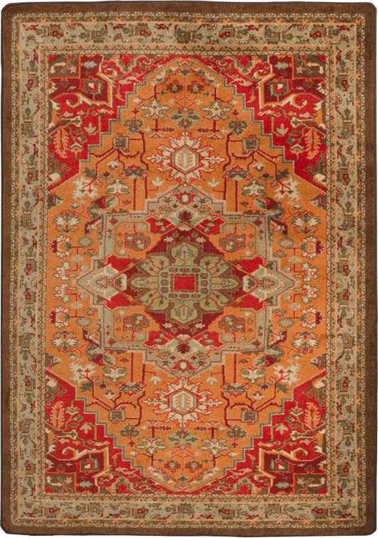 A traditional oriental-style area rug with an intricate geometric and floral pattern in warm orange, red, beige, and brown tones.