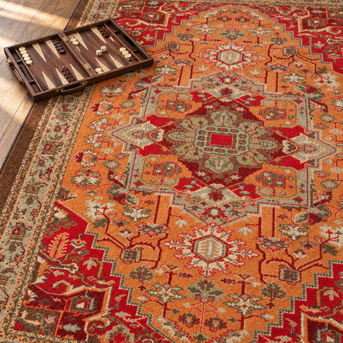 Firelight area rug: a traditional oriental-style area rug with a warm orange, red, and beige geometric pattern, shown on a wooden floor next to a wooden backgammon board.