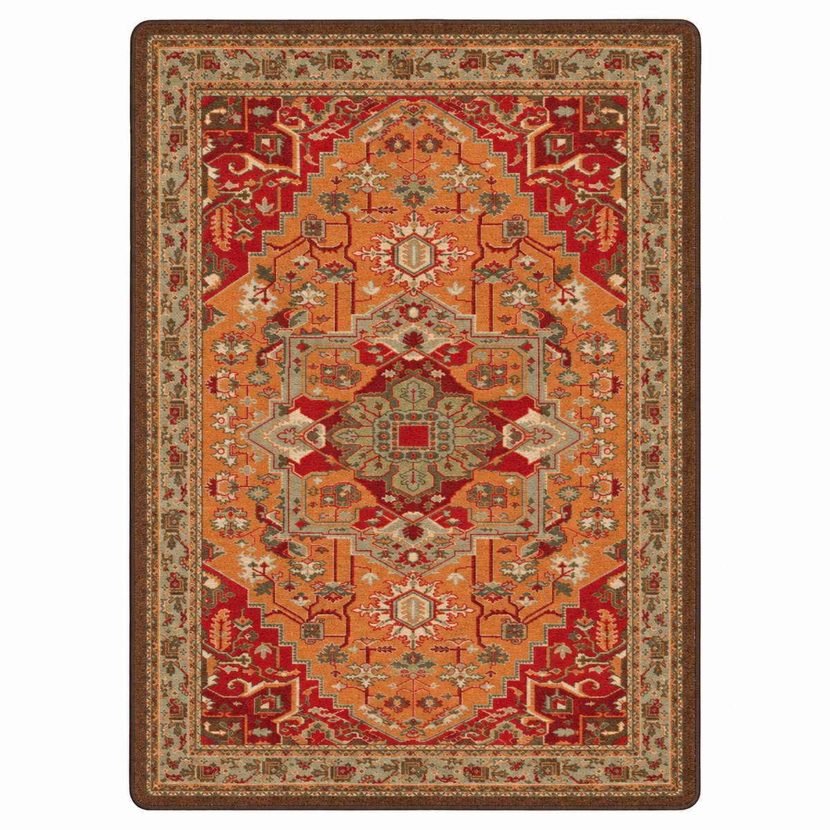 Firelight area rug: a rectangular traditional area rug with an intricate geometric and floral pattern, featuring a warm orange center, red medallions, and a dark brown border, shown flat against a white…