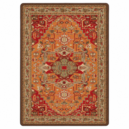 Firelight area rug: a rectangular traditional area rug with an intricate geometric and floral pattern, featuring a warm orange center, red medallions, and a dark brown border, shown flat against a white…