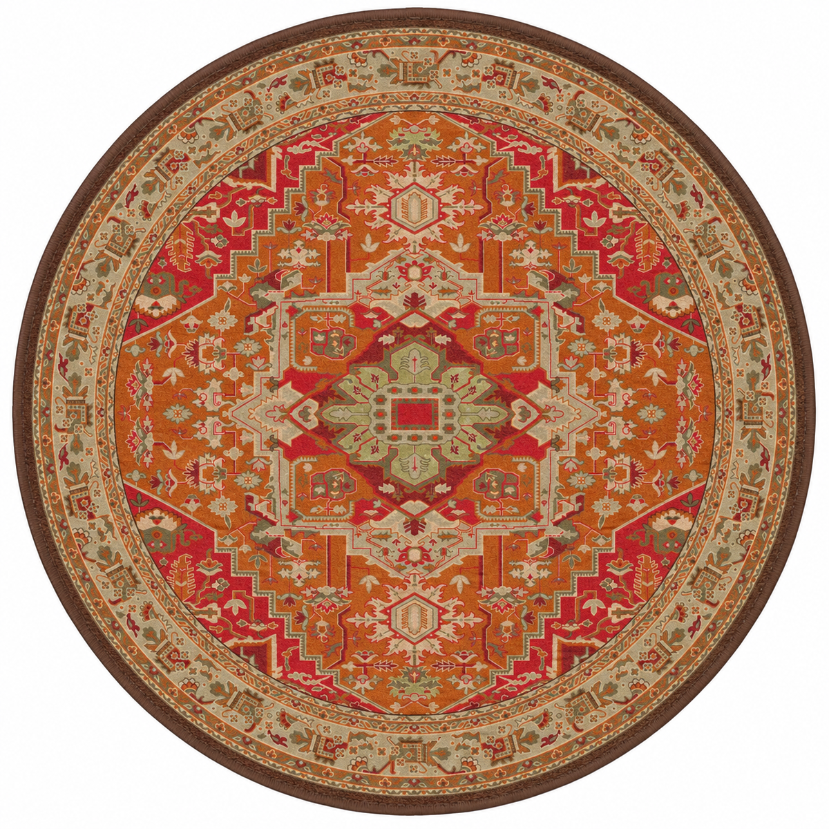 Firelight area rug: a round area rug with an intricate traditional medallion pattern in orange, red, beige, and brown, shown from a top-down view on a white background.