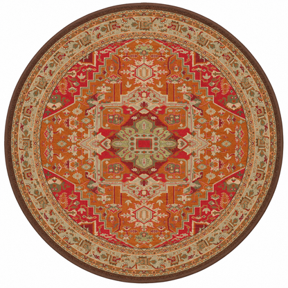 Firelight area rug: a round area rug with an intricate traditional medallion pattern in orange, red, beige, and brown, shown from a top-down view on a white background.