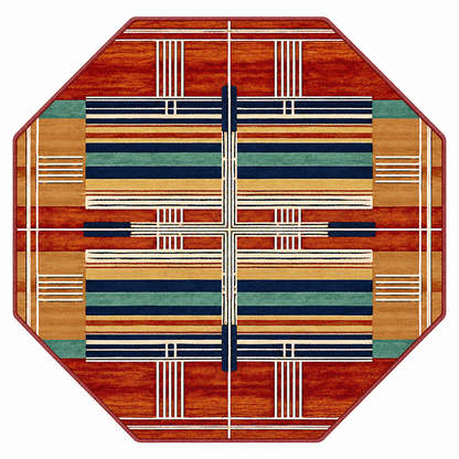 Framework area rug: an octagonal area rug featuring a symmetrical Art Deco style pattern with horizontal stripes in rust red, tan, navy blue, teal green, and cream, isolated on a white background.