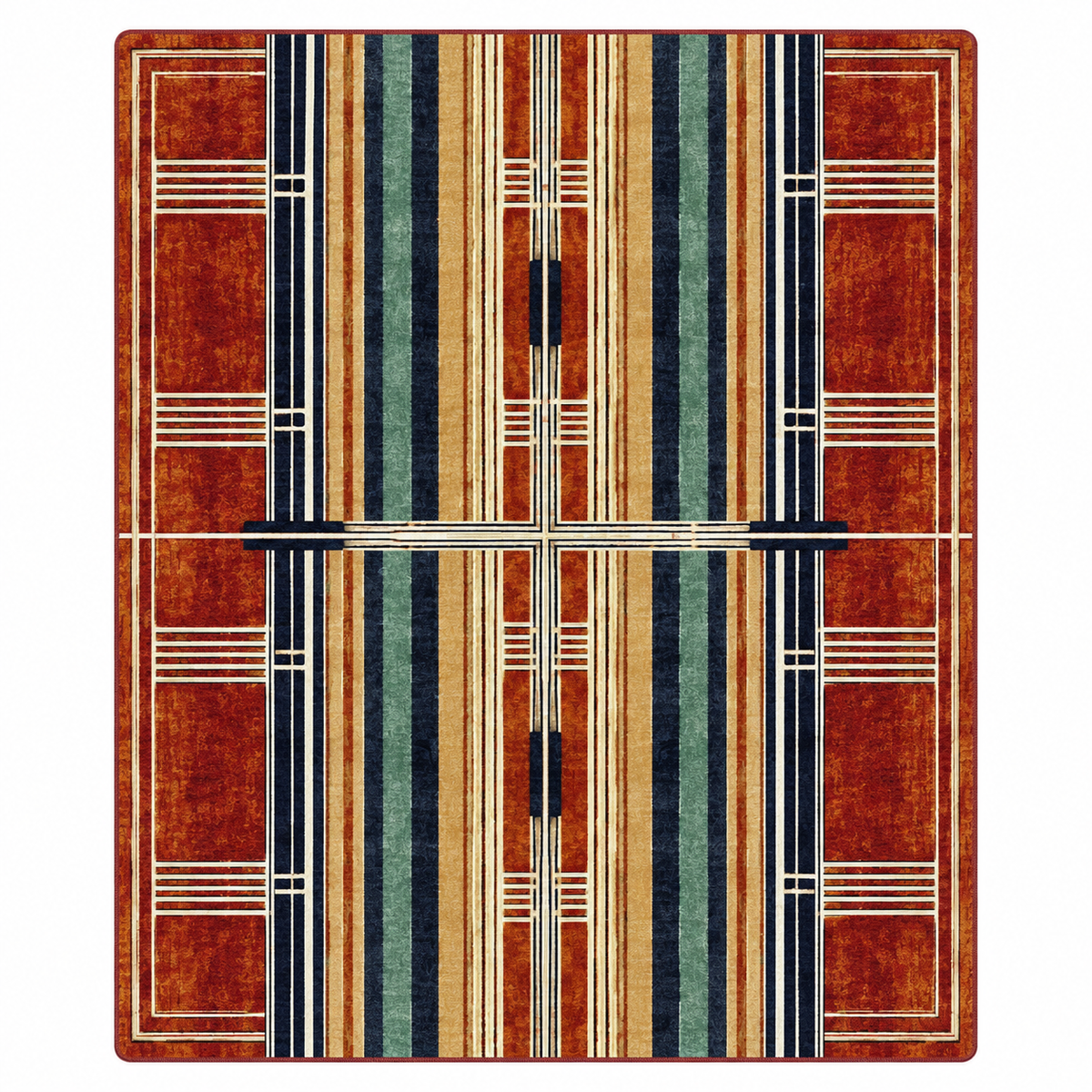 Framework area rug: a rectangular area rug with a geometric Art Deco-inspired pattern featuring vertical stripes in rust red, beige, teal green, and navy blue, accented with cream lines and black crossbar…