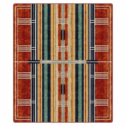 Framework area rug: a rectangular area rug with a geometric Art Deco-inspired pattern featuring vertical stripes in rust red, beige, teal green, and navy blue, accented with cream lines and black crossbar…