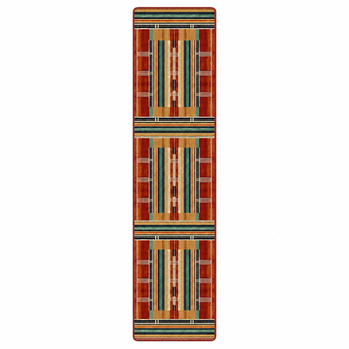 Framework area rug: a long, narrow rectangular rug with a Southwestern geometric pattern in rust red, orange, beige, brown, and teal, shown flat against a white background.