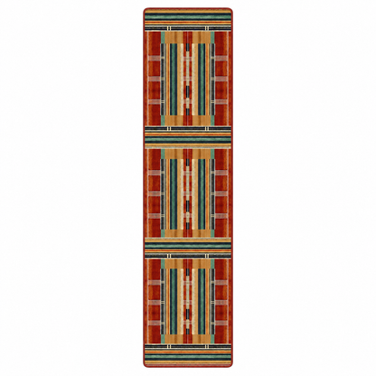 Framework area rug: a long, narrow rectangular rug with a Southwestern geometric pattern in rust red, orange, beige, brown, and teal, shown flat against a white background.