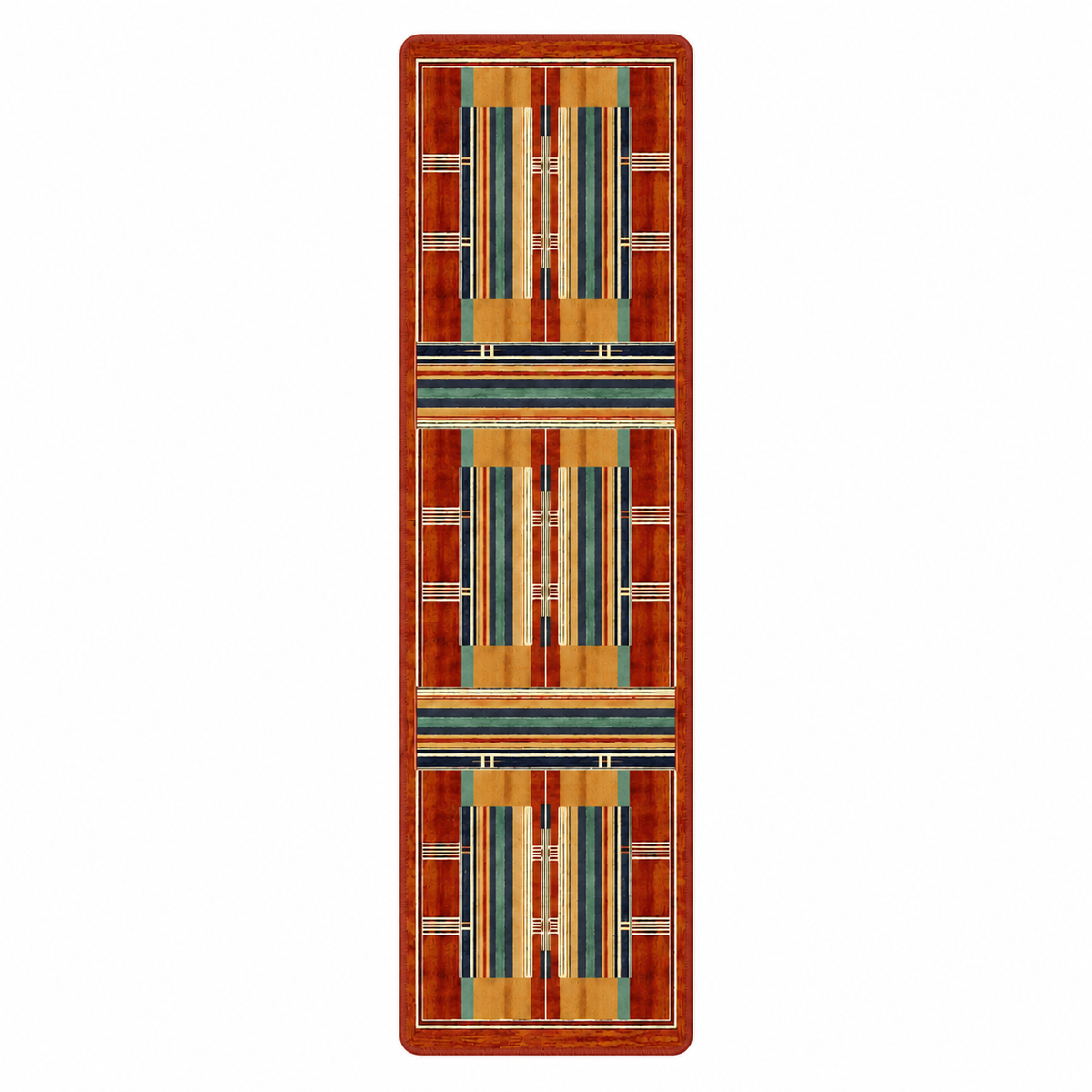 Framework area rug: a tall, narrow area rug with a geometric pattern featuring vertical stripes in rust red, orange, teal, mustard yellow, and cream, set against a solid white background.