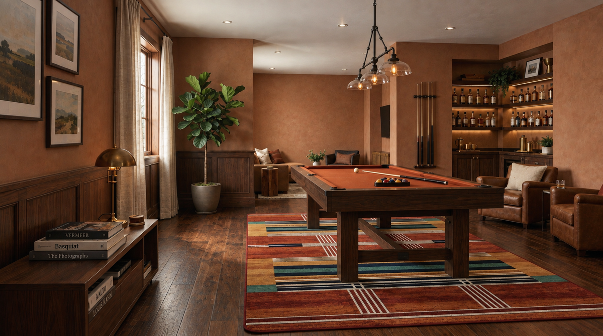 A luxury home bar and game room featuring a dark wood pool table on a colorful striped rug, set against warm terracotta walls with built-in shelves, leather armchairs, and a potted fiddle-leaf fig.