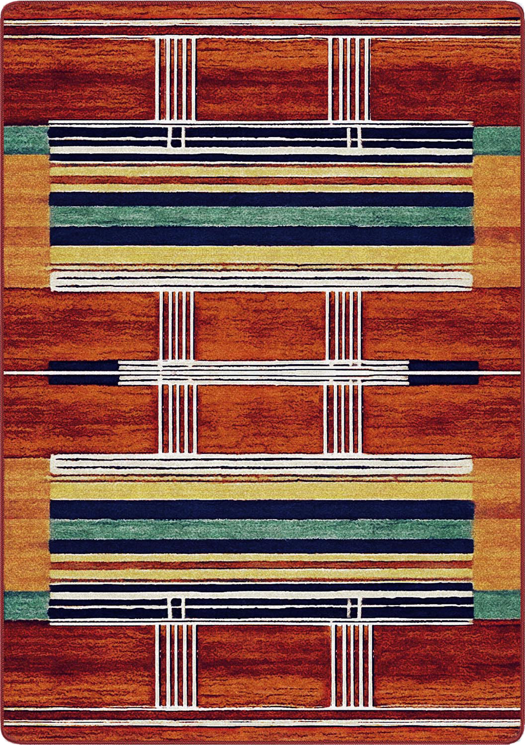 A rectangular area rug with a Southwestern geometric pattern featuring horizontal stripes in rust red, orange, mustard yellow, teal green, navy blue, and white.