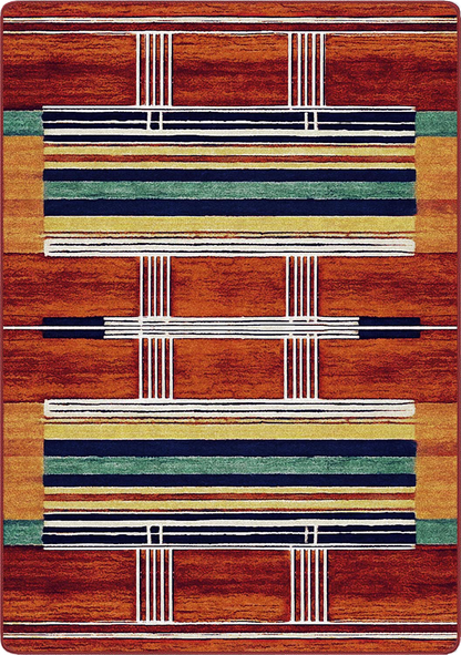 A rectangular area rug with a Southwestern geometric pattern featuring horizontal stripes in rust red, orange, mustard yellow, teal green, navy blue, and white.