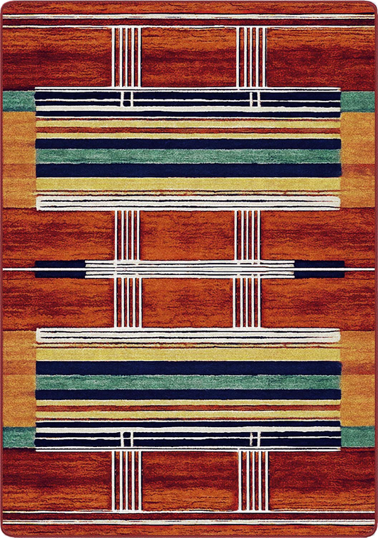 A rectangular area rug with a Southwestern geometric pattern featuring horizontal stripes in rust red, orange, mustard yellow, teal green, navy blue, and white.