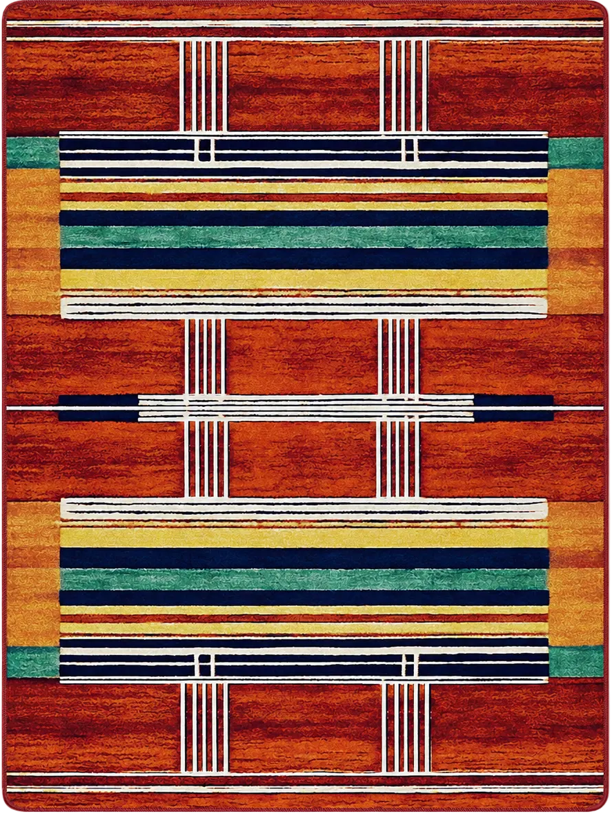 Framework area rug: a rectangular area rug with a geometric pattern featuring a warm rust-orange woodgrain background, horizontal stripes in navy, teal, mustard yellow, and cream, and vertical stripe accents.