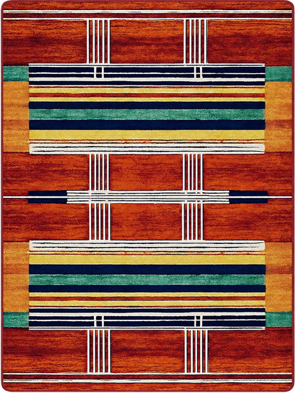 Framework area rug: a rectangular area rug with a geometric pattern featuring a warm rust-orange woodgrain background, horizontal stripes in navy, teal, mustard yellow, and cream, and vertical stripe accents.