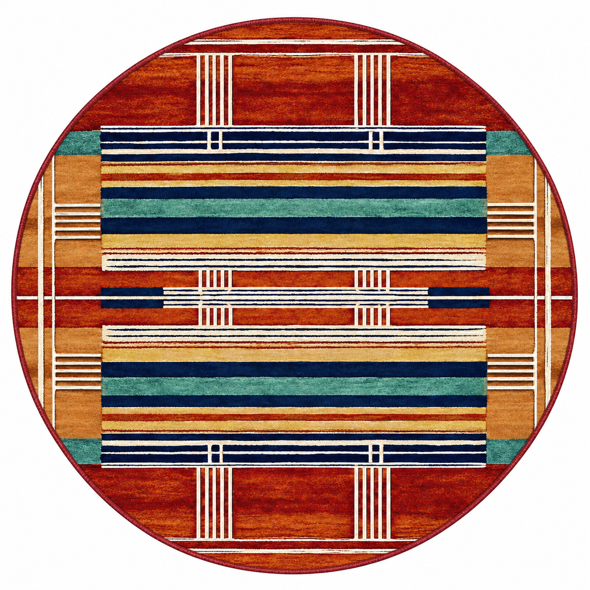 Framework area rug: a round area rug with a geometric pattern featuring horizontal stripes in rust red, orange, teal green, navy blue, and cream, bordered by a solid rust red outer ring.