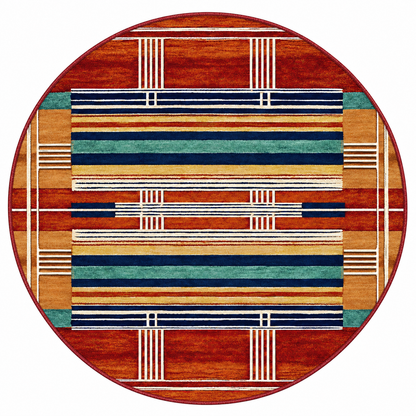 Framework area rug: a round area rug with a geometric pattern featuring horizontal stripes in rust red, orange, teal green, navy blue, and cream, bordered by a solid rust red outer ring.