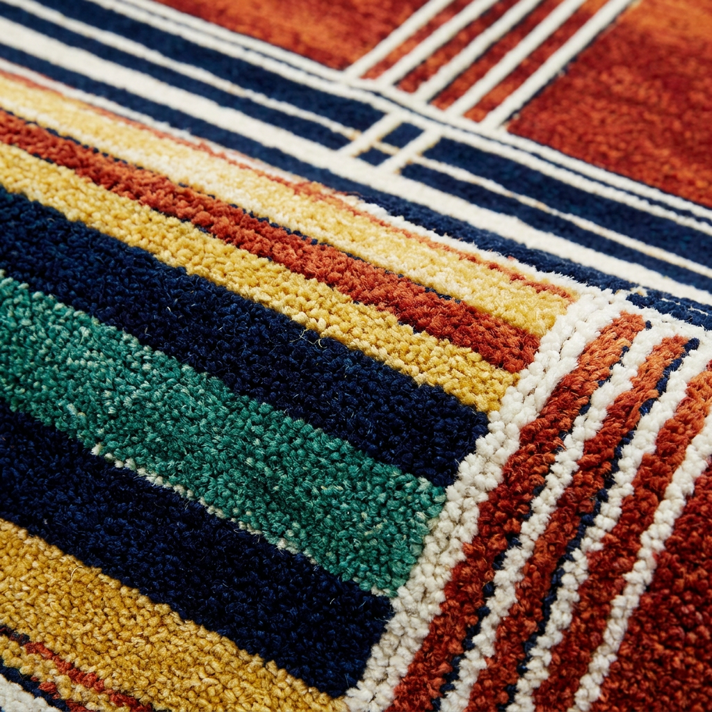 Framework area rug: close-up of a ttextured area rug with a geometric pattern featuring stripes of navy blue, teal green, mustard yellow, rust orange, and cream white.