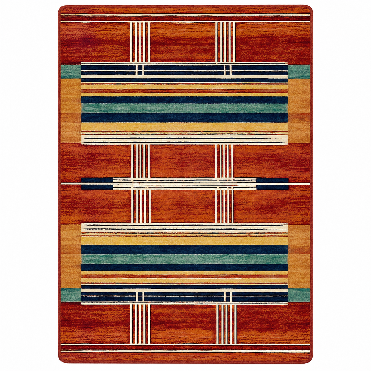 Framework area rug: a rectangular area rug with a geometric pattern featuring horizontal stripes in rust red, orange, beige, navy blue, and teal green, bordered by thin white lines.