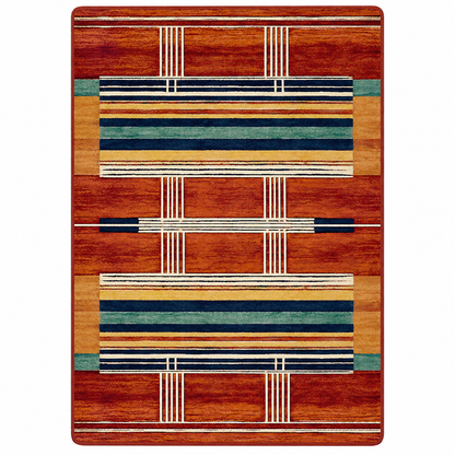 Framework area rug: a rectangular area rug with a geometric pattern featuring horizontal stripes in rust red, orange, beige, navy blue, and teal green, bordered by thin white lines.