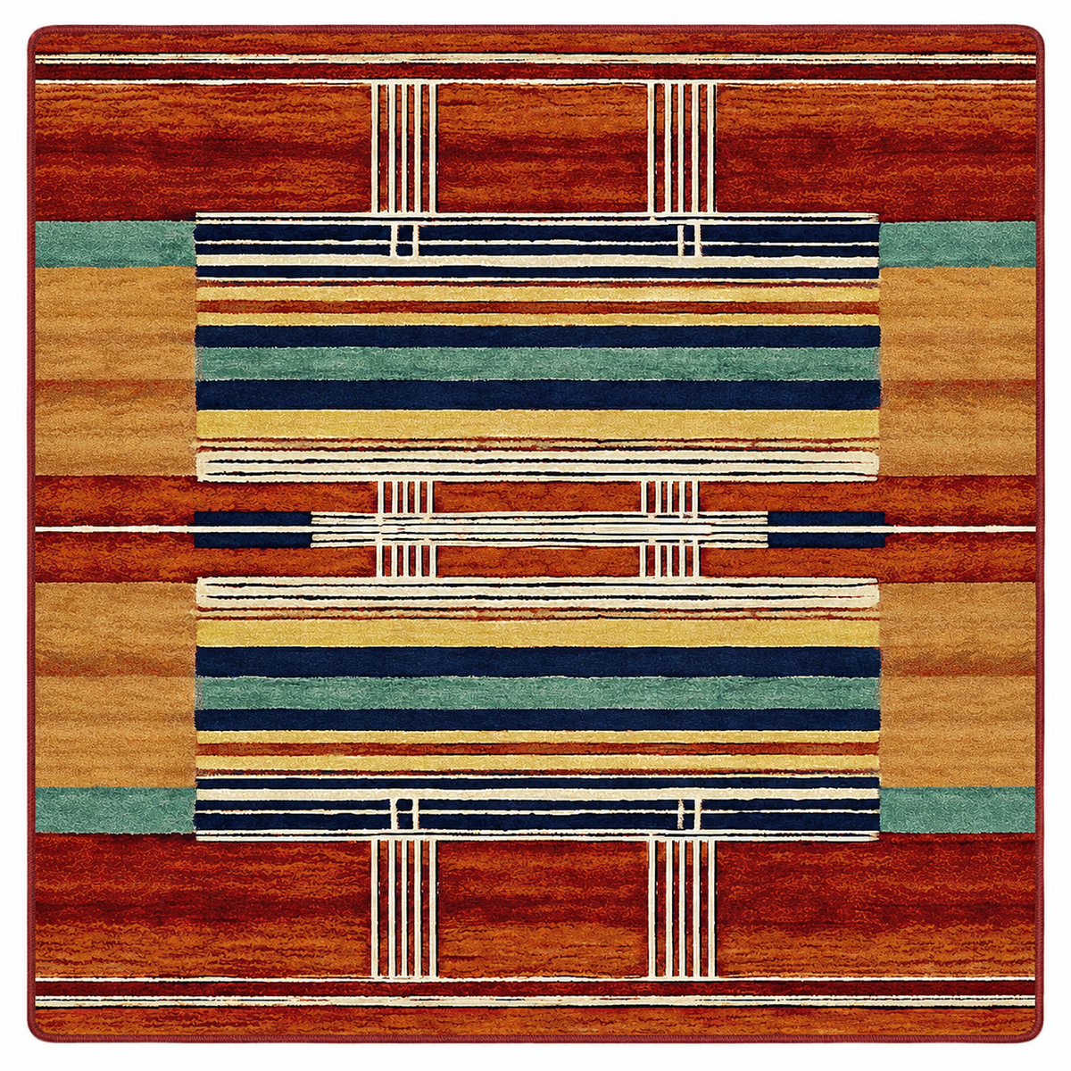 Framework area rug: a square area rug with a geometric tribal pattern featuring horizontal stripes in rust red, tan, mustard yellow, navy blue, sage green, and cream.