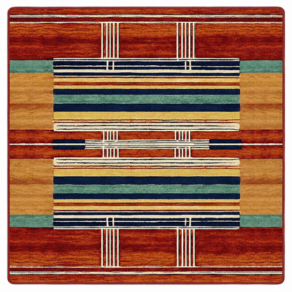 Framework area rug: a square area rug with a geometric tribal pattern featuring horizontal stripes in rust red, tan, mustard yellow, navy blue, sage green, and cream.