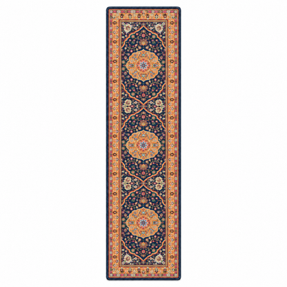 Full House area rug: a runner rea rug with an intricate traditional pattern, featuring a navy blue center, orange and gold floral medallions, and red and beige borders.