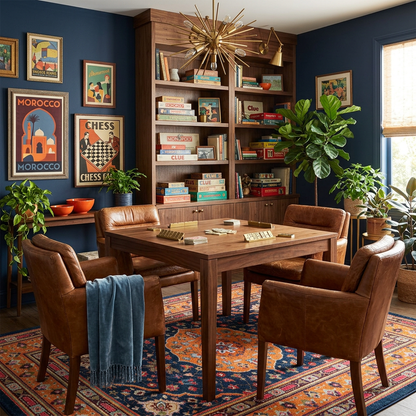 Full House area rug: a styled home office or study corner featuring a dark wood writing desk surrounded by four brown leather armchairs on a patterned rug. The room has deep navy blue walls, a large wooden…