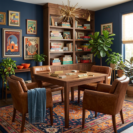 Full House area rug: a styled home office or study corner featuring a dark wood writing desk surrounded by four brown leather armchairs on a patterned rug. The room has deep navy blue walls, a large wooden…