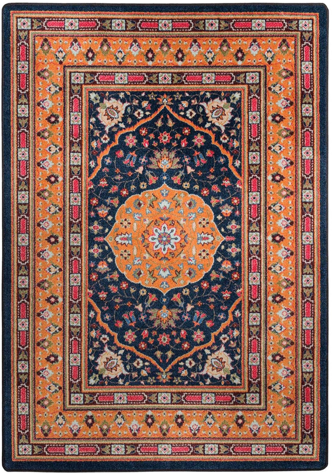 Full House area rug: a traditional oriental area rug with a navy blue center, orange borders, and pink and beige accents, shown laid out on a light brown wood floor.