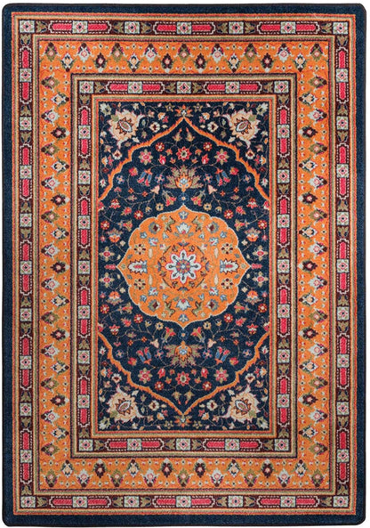 Full House area rug: a traditional oriental area rug with a navy blue center, orange borders, and pink and beige accents, shown laid out on a light brown wood floor.