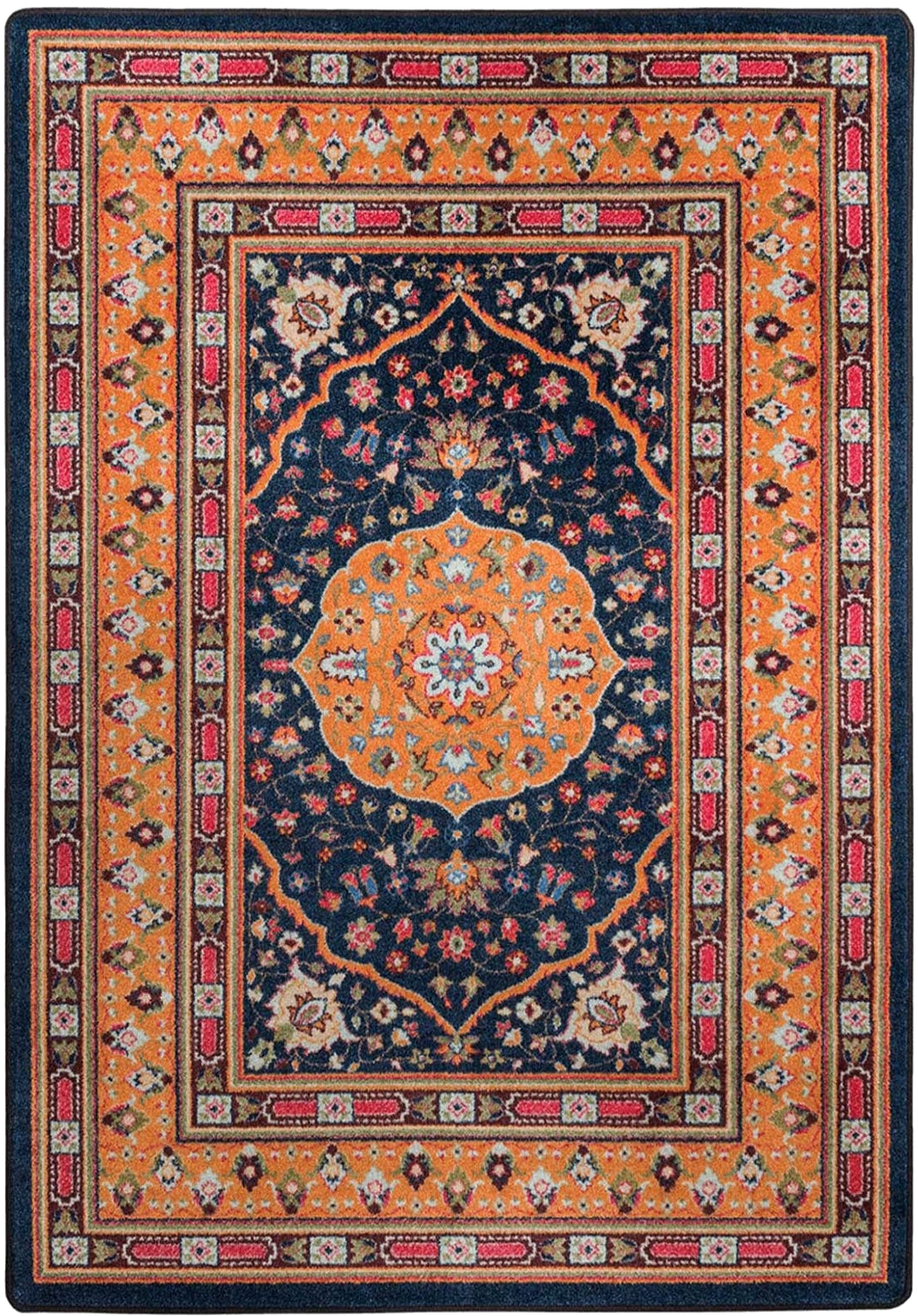 A traditional oriental-style area rug with a navy blue central field, orange borders, and red and beige floral patterns.