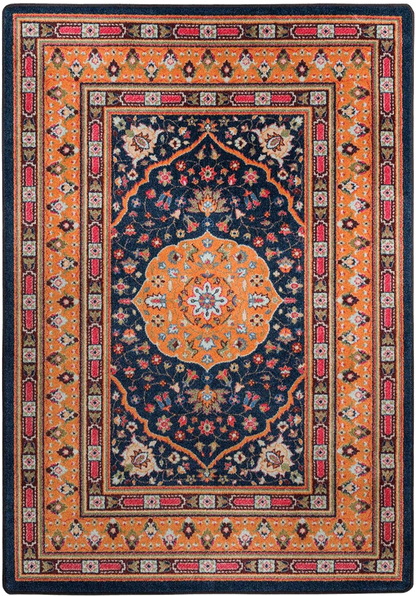 A traditional oriental-style area rug with a navy blue central field, orange borders, and red and beige floral patterns.