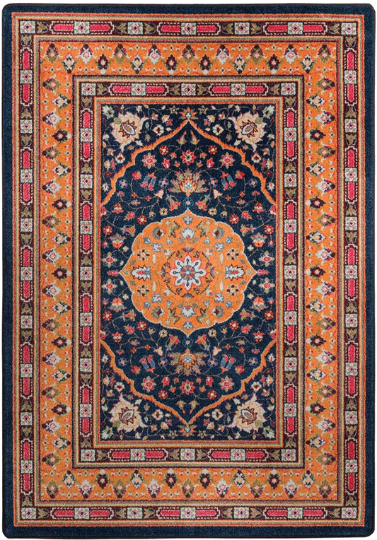 A traditional oriental-style area rug with a navy blue central field, orange borders, and red and beige floral patterns.