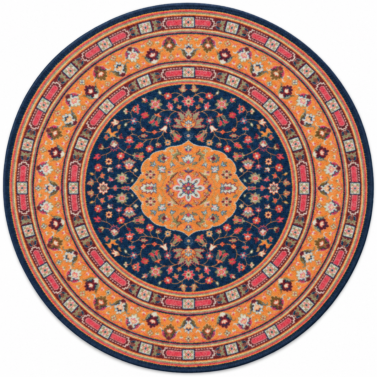 Full House area rug: a round area rug with an intricate traditional pattern, featuring a navy blue center, orange and gold floral medallions, and red and beige borders.