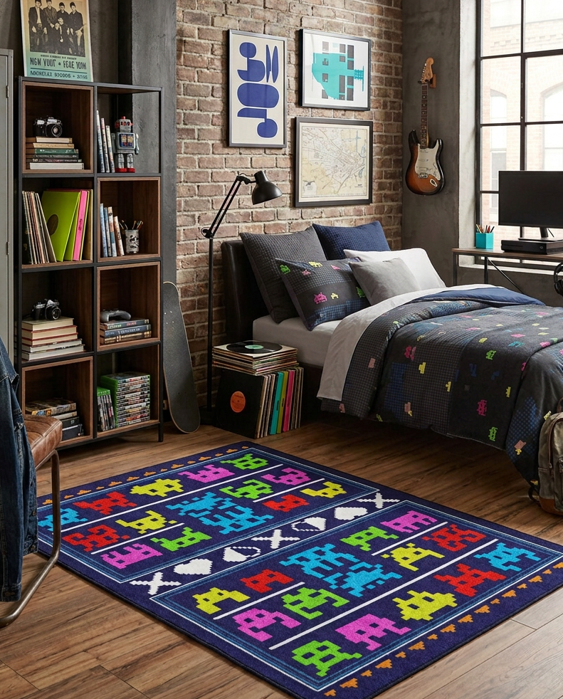 Game On area rug: a colorful area rug with a retro pixelated pattern in shades of blue, pink, green, yellow, and orange, styled on a wooden floor in a modern loft bedroom.