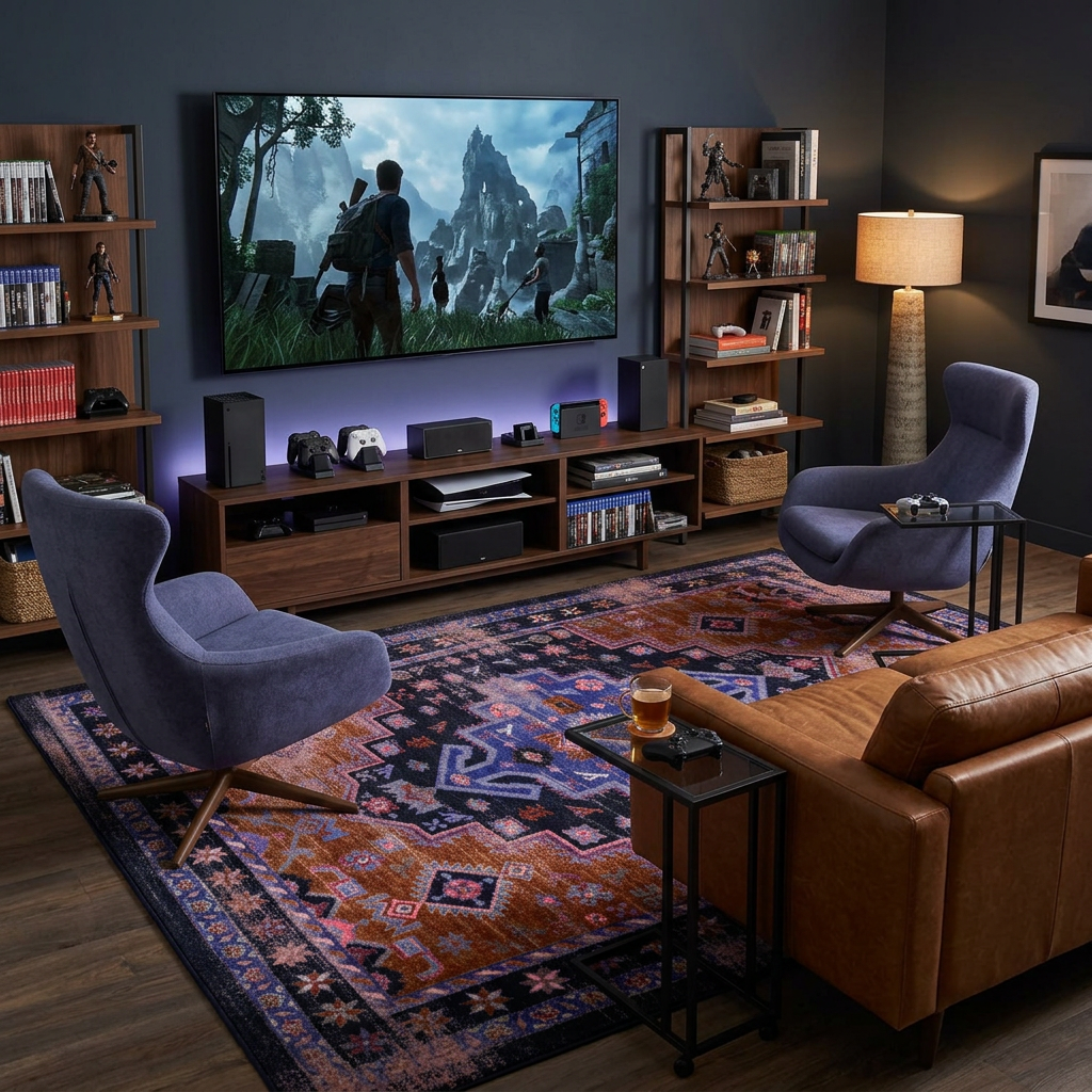A large framed wall art print showing a dark fantasy scene with a lone figure facing towering mountains, displayed in a styled home theater or living room with a TV stand, speakers, two blue-gray armchairs…