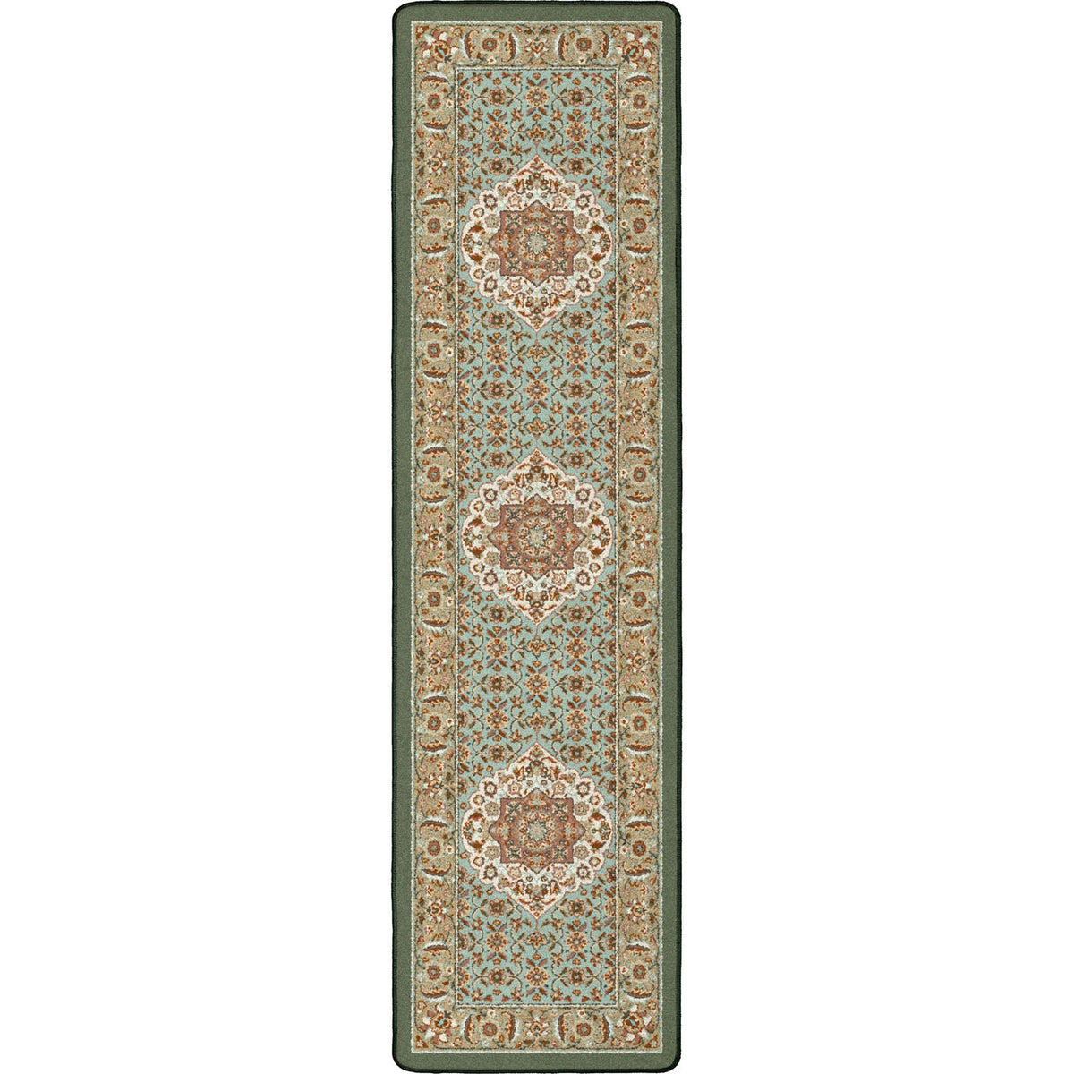 A long rectangular area rug with an ornate traditional pattern in muted tones of sage green, beige, light blue, and rust brown, shown flat against a white background.
