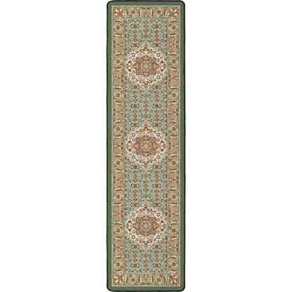 A long rectangular area rug with an ornate traditional pattern in muted tones of sage green, beige, light blue, and rust brown, shown flat against a white background.