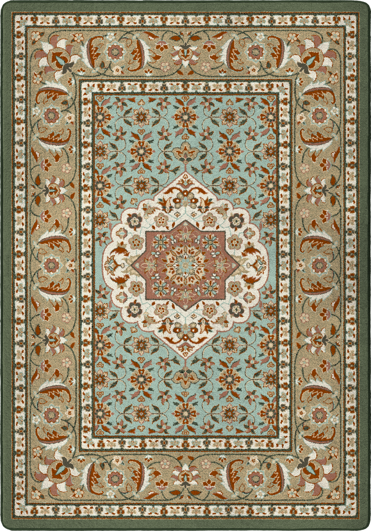 rectangle endurastran premium nylon garden party rugheavy duty commerical grade stain resistant kid friendly and pet friendly persian inspired design in shades of sage green and light baby blue with hints of terra cotta