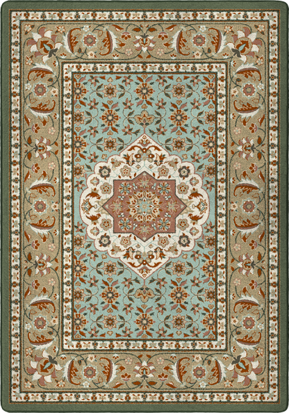 rectangle endurastran premium nylon garden party rugheavy duty commerical grade stain resistant kid friendly and pet friendly persian inspired design in shades of sage green and light baby blue with hints of terra cotta