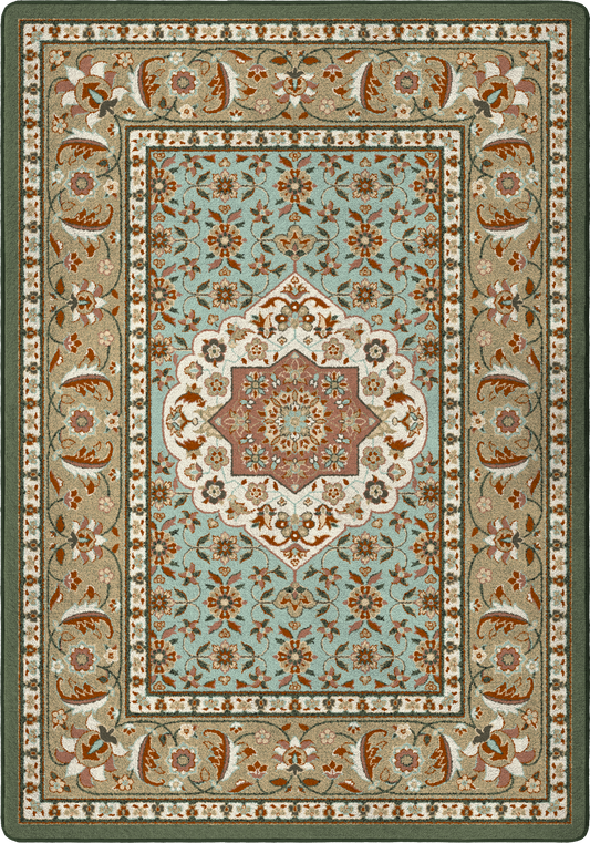 rectangle endurastran premium nylon garden party rugheavy duty commerical grade stain resistant kid friendly and pet friendly persian inspired design in shades of sage green and light baby blue with hints of terra cotta