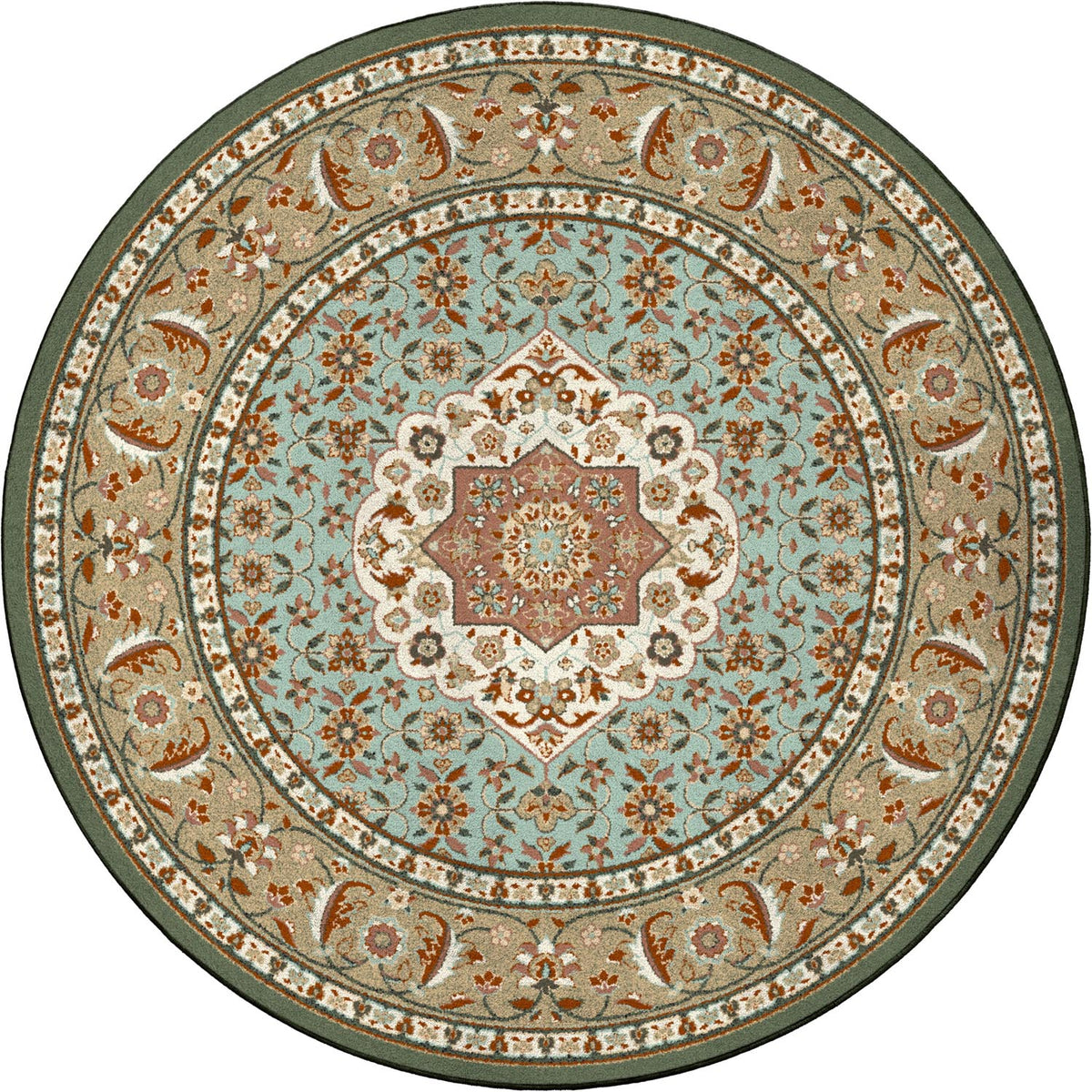 round endurastran premium nylon garden party rugheavy duty commerical grade stain resistant kid friendly and pet friendly persian inspired design in shades of sage green and light baby blue with hints of terra cotta